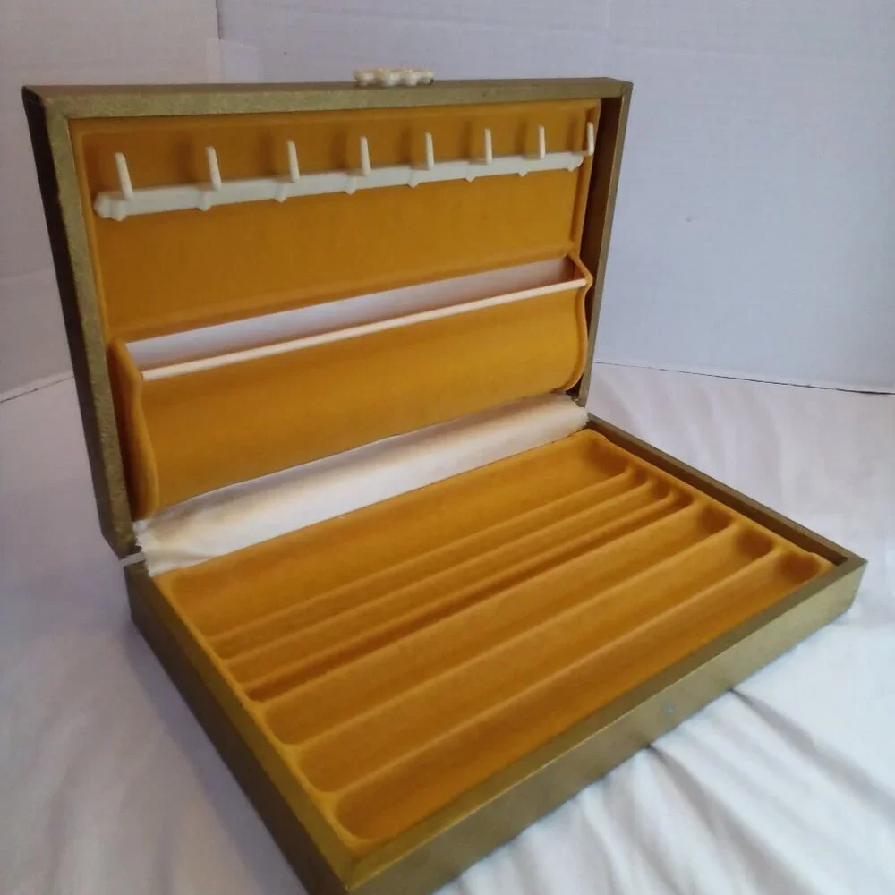 Vintage Jewlery Box Wood Padded Top Felt Lined Gold Color 12
